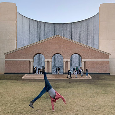 Girl performs a cartwheel on the lawn in front of the Williams Water Wall in Houston, TX